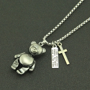 Hip hop vintage black robotic bear necklace with cross and engraved square plate charms