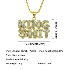 Collana hip-hop King Shit con ciondolo dorato e strass lucidi con catena da 75 cm