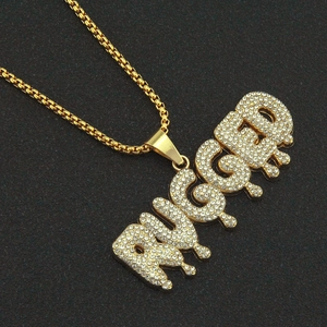 Hip hop gold plated RUGGED dripping letter pendant necklace with white rhinestones