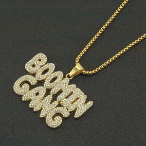 Hip-hop gold boomin gang letter pendant necklace with iced out rhinestones and box chain