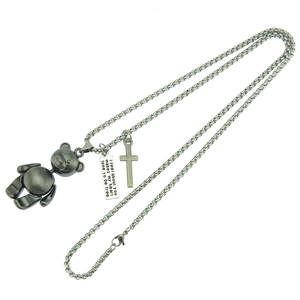 Hip hop gunmetal necklace featuring movable robot bear, cross, and engraved plate charms
