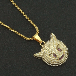 Hip hop punk little monster pendant necklace with rhinestones and gold link chain