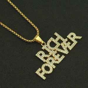 Hip hop gold necklace featuring iced out Rich Forever letter pendant and box chain