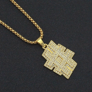 Iced out geometric cross pendant necklace with gold box chain for hip hop street style