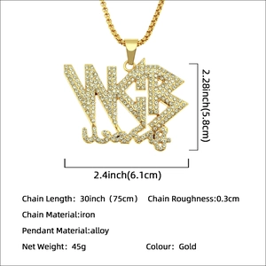 Collar hip hop con colgante de letra WGR dorado y diamantes de imitación en cadena larga