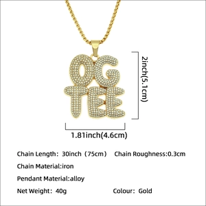Pendentif lettre OG TEE hip hop avec strass brillants et longue chaîne boîte en or pour homme