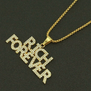 Hip hop style gold plated iced out FOREVER letter pendant necklace with box chain