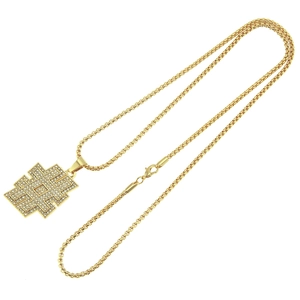 Iced out geometric totem pendant necklace in gold finish with crystal accents for men