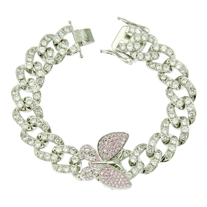 Hip hop Cuban link bracelet for men with silver finish and pink zircon butterfly pendant