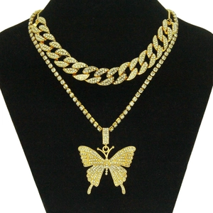 Collier Hip Hop Chaîne Cubaine Papillon Pendentif Papillon et Chaîne Cubaine Incrusté de Strass Bijoux en Alliage Femme