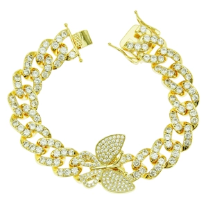 Men's hip-hop gold Cuban link bracelet with iced-out butterfly charm and crystal pave