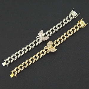 Hip hop cuban link bracelet with butterfly pendant in gold and silver finish