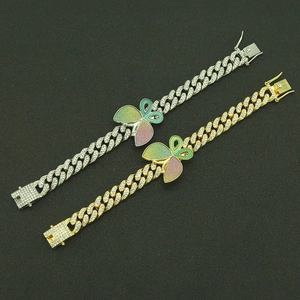 Hip hop cuban chain butterfly bracelet with shiny crystals in gold and silver finish