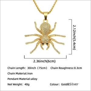 Iced out spider pendant necklace for men in gold finish with crystal dimensions
