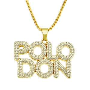 Gold iced out POLO DON letter pendant necklace with sparkling crystal rhinestones