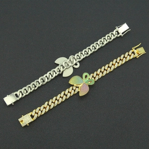 Hip hop butterfly Cuban link bracelet in gold and silver finish with pave rhinestones