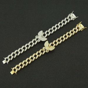 Men's hip-hop cuban link bracelet with iced-out butterfly charm in gold and silver