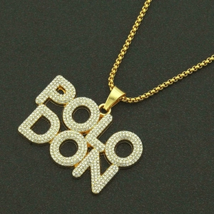 Gold iced out POLO DON letter pendant necklace with sparkling rhinestones on bead chain
