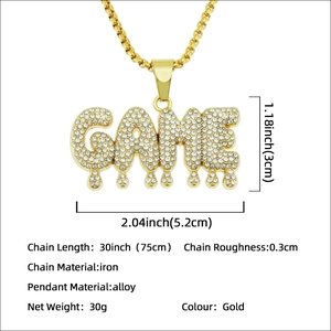 Hip Hop Gold GAME Anhänger mit Strasssteinen und Tropfeffekt an runder Box-Halskette