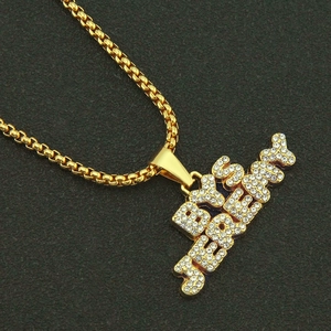 Hip-hop gold plated necklace with iced out rhinestone letters pendant and box chain
