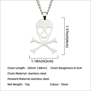 Polished titanium steel skull crossbones pendant necklace with size dimensions in silver
