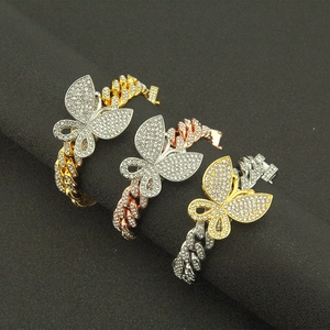 Hip-Hop-Cuban-Armbänder mit diamantbesetzten Schmetterlingen in Gold, Silber und Roségold