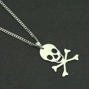 Polished stainless steel skull and crossbones pendant necklace with classic curb chain