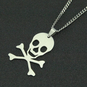 Close-up of a silver titanium steel skull pendant with brushed metallic finish and chain
