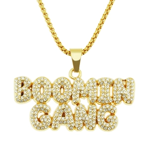 Hip-Hop Iced Out BOOMIN GANG Buchstaben Anhänger Halskette Herren Gold Legierung Box-Kette Strass Streetwear Schmuck