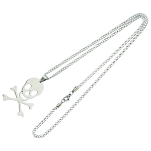 Polished stainless steel skull and crossbones pendant necklace with a classic curb chain