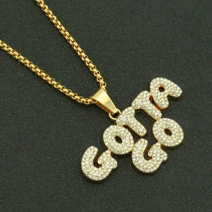 Hip hop gold plated GOUGE letter pendant necklace with sparkling pavé cubic zirconia