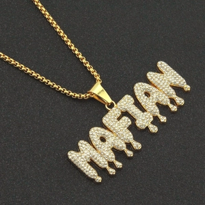 Hip hop style gold Miriam letter pendant necklace with sparkling diamonds and box chain