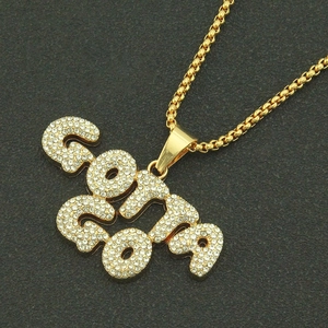 Hip hop GOLF WANG letter pendant necklace with gold chain and iced out rhinestones