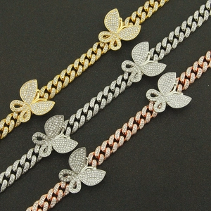 Hip hop vlinder cubaanse schakelketting set met strasstenen in goud, zilver en roségoud