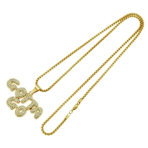 Hip hop style gold 2024 pendant necklace with full iced out rhinestones and box chain