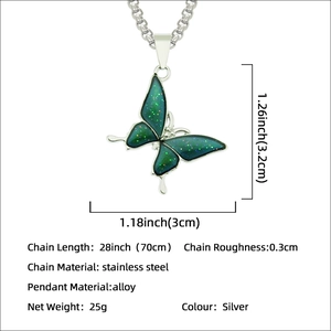 Thermochromic butterfly pendant necklace on 70cm stainless steel box chain for women