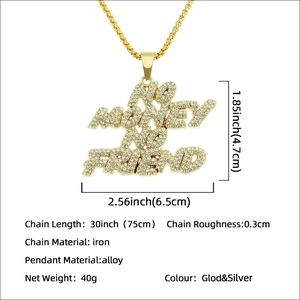 Collier hip hop doré avec pendentif 'NO MONEY NO FRIEND' serti de strass brillants