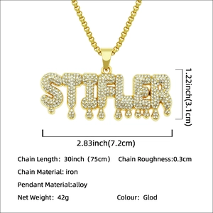 Hip hop style gold tone STIFLER pendant necklace with full iced out crystal inlay