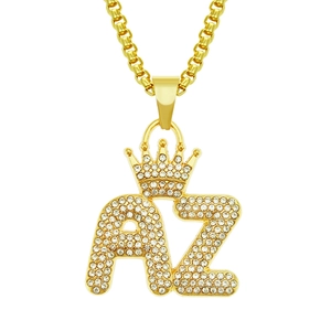 Collier Pendentif Lettre Couronne Hip Hop pour Hommes Femmes Alliage Plaqué Or Strass Bijoux Streetwear