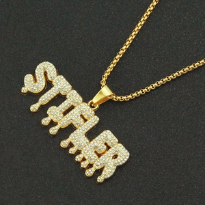 Hip hop punk STILLER letter pendant necklace with full rhinestones and gold box chain link