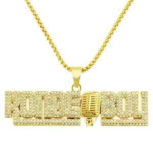 Collana con Pendente a Lettera Microfono KONDE BOY Hip Hop per Uomo Lega Intarsiata di Strass Catena a Box Gioielli Streetwear