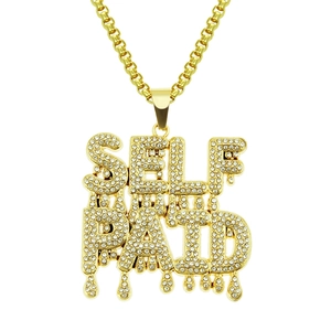 Collana hip hop color oro con pendente SELF PAID con zirconi bianchi per uomo e donna