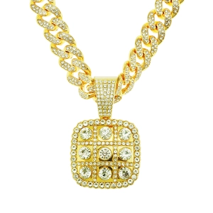 Collier pour Hommes Hip Hop Iced Out Pendentif Carré Alliage Or Strass Maillon Cubain Bijoux de Mode pour Fête
