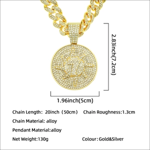 Collier hip hop avec pendentif cercle numéro 7 serti de strass et chaîne cubaine dorée