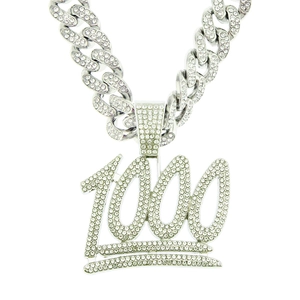 Detailed close-up of a silver-toned hip-hop pendant featuring a shiny iced-out 1000 design