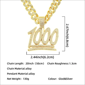 Men hip hop iced out 1000 pendant necklace with thick cuban link chain jewelry