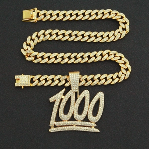 Men's hip hop gold Cuban chain with iced out number 1000 pendant and crystal detailing