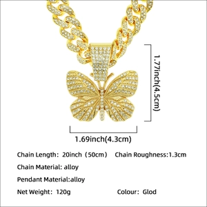 Hip hop iced out butterfly pendant with thick gold Cuban link chain and size details