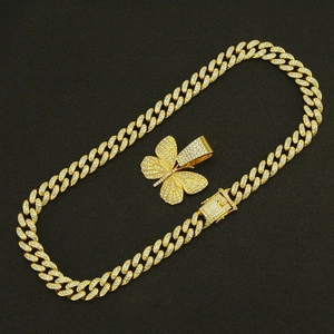 Hip-hop gold Cuban link necklace with iced-out butterfly pendant and white cubic zirconia