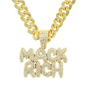Collier Hip Hop en Alliage Strass Iced Out Pendentif Lettre MACK RICH Avec Chaîne Cubaine Or Pour Hommes Femmes Bijoux